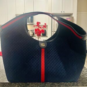 Luxurious Navy Blue Suede Gucci Design Tote Bag